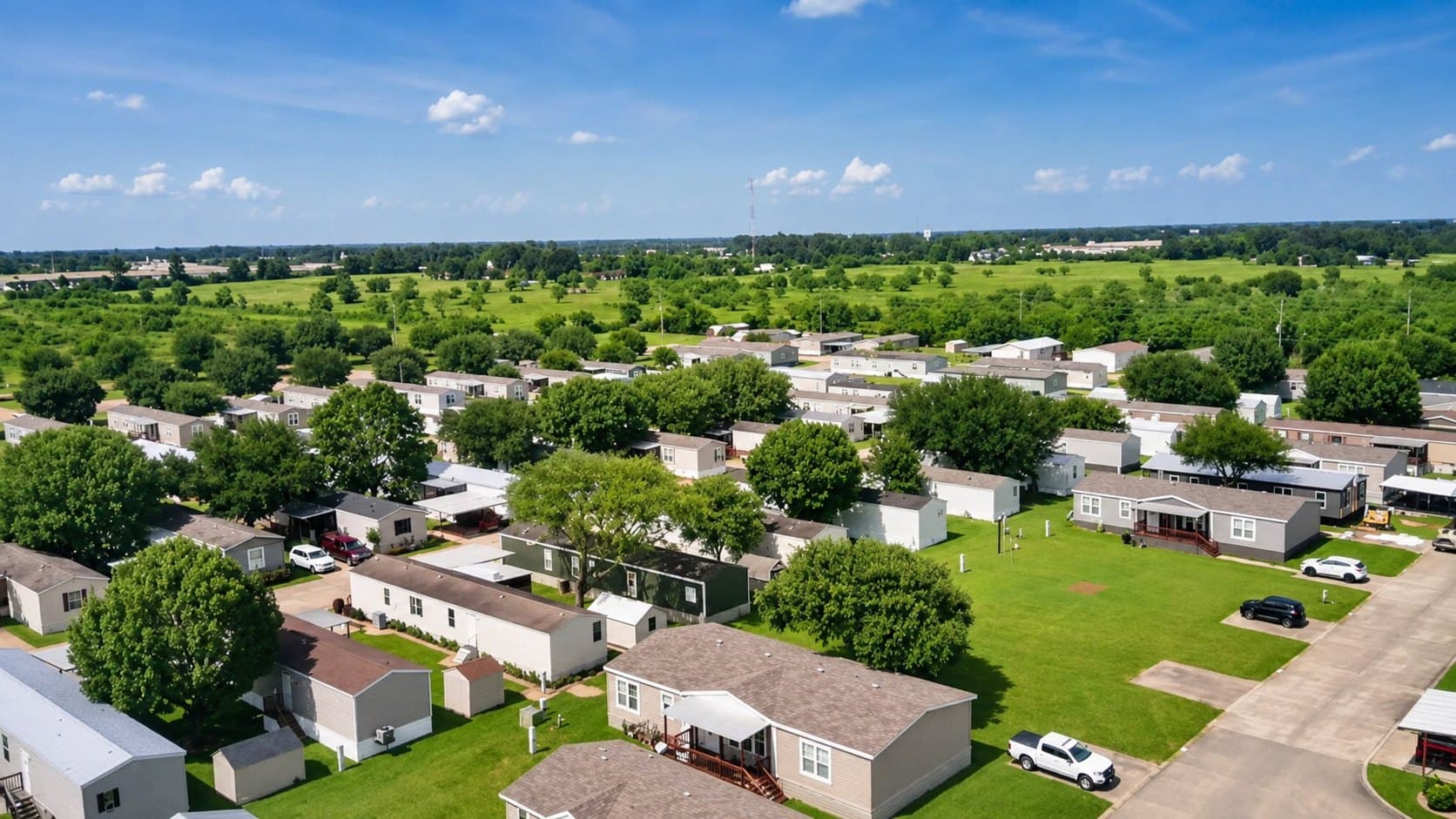 Aerial view of manufactured homes and green space throughout Briarwood Estates